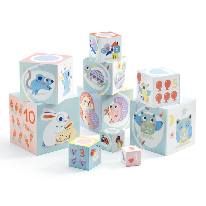 Explore DJECOs Developmental STEM Nesting and Stacking Blocks, made with FSC® Certified materials. Ideal as a toddler gift, these colorful blocks feature animal, number, and shape illustrations. They vary in size to build a playful pyramid with designs like owls, mice, and balloons.