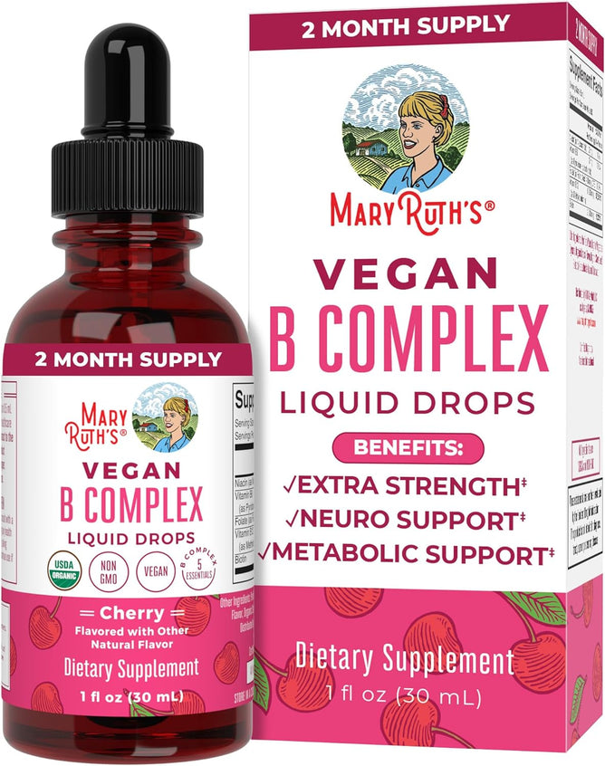 A bottle and box of MaryRuths B Complex Drops in tart cherry flavor offers extra strength, neuro, and metabolic support. This USDA Organic dietary supplement is non-GMO, vegan, and rich in essential B vitamins.