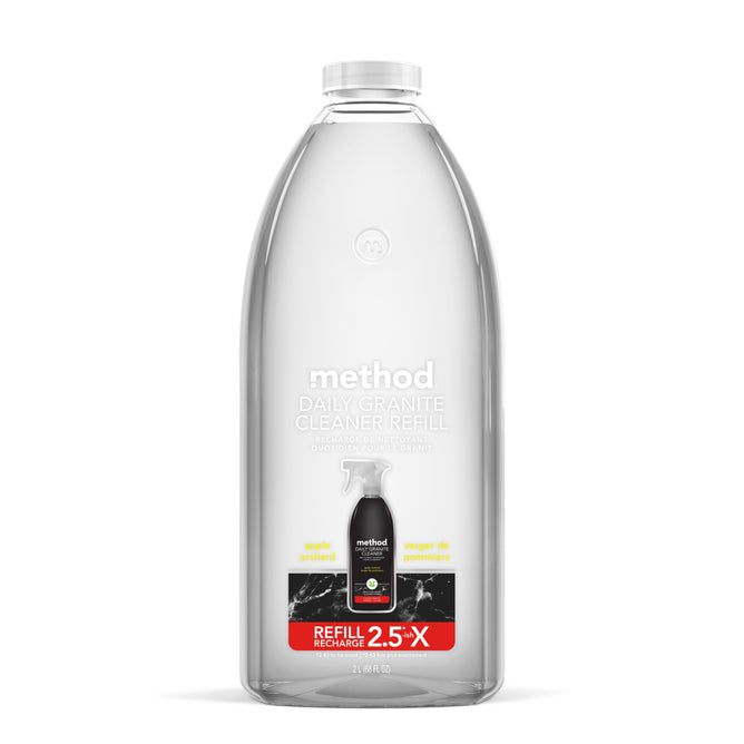 The Method Daily Granite Cleaner Refill, with an apple orchard scent, is perfect for granite and marble countertops. It features a transparent bottle with a black spray bottle image on the label and a red REFILL 2.5X banner, plus Leaping Bunny certification for eco-friendliness.