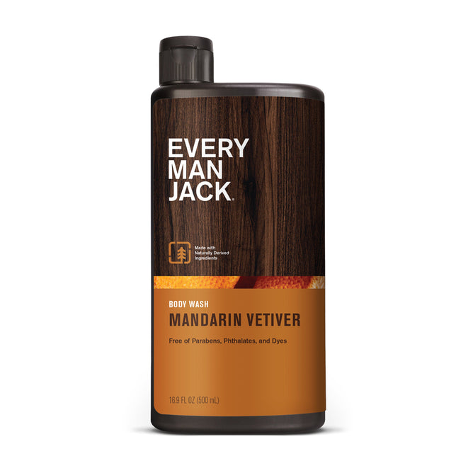 Every Man Jacks Body Wash in Mandarin Vetiver, featuring naturally-derived ingredients, comes in a 16.9 fl oz (500 mL) bottle with a brown label, white text, and an orange accent. Its free of parabens, phthalates, and dyes.