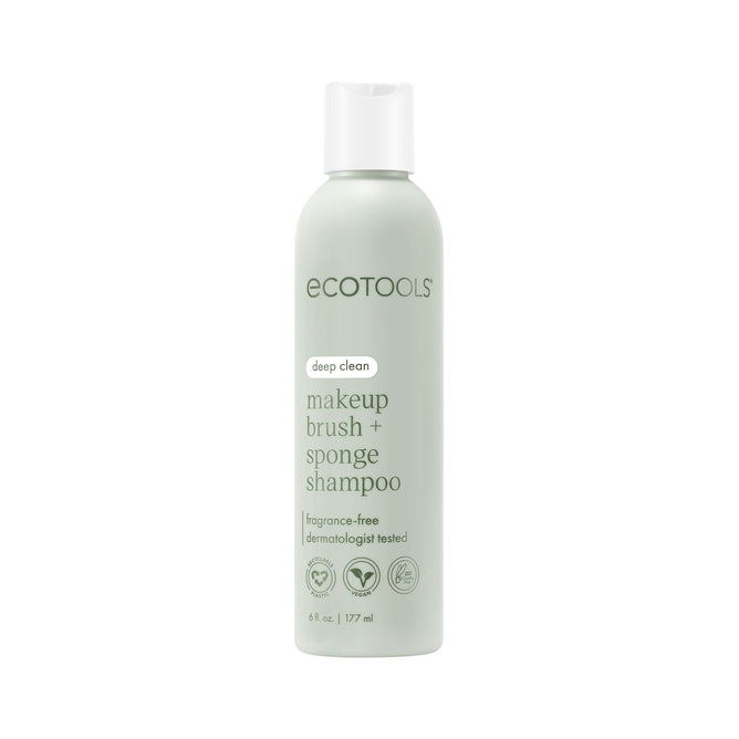 EcoTools Makeup Brush & Sponge Shampoo in light green packaging offers a deep clean with its hypoallergenic, paraben-free formula. Fragrance-free and dermatologist tested, it comes in a 6 fl oz (177 ml) bottle with a user-friendly white cap.