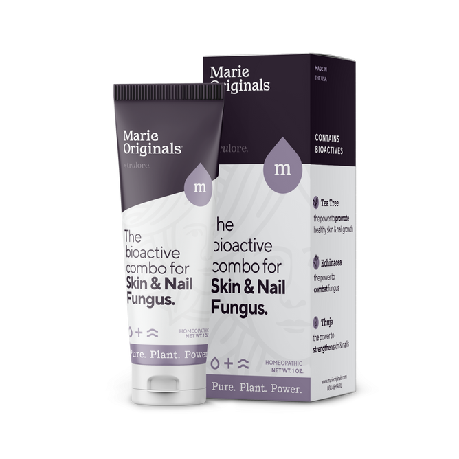 The image showcases Marie Originals Skin/Nail Fungus Removal Cream in a sleek white tube with a purple cap. This anti-fungal remedy features a plant-based, bioactive formula with tea tree, echinacea, and thuja to combat fungal infections and promote healthy nail growth.