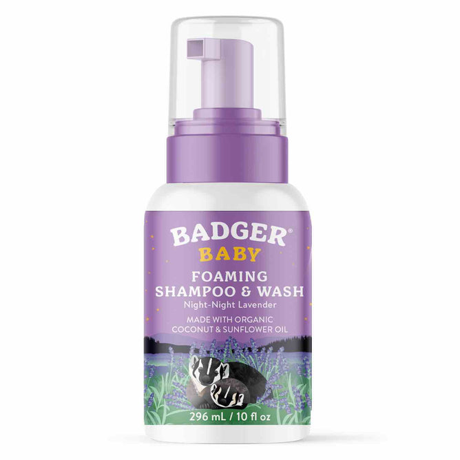 The Badger Balm Baby Foaming Night Night Shampoo & Wash features a lavender scent, a label with lavender and a cartoon badger, is pediatrician-tested, 296 ml (10 fl oz), and offers organic care with coconut and sunflower oil.