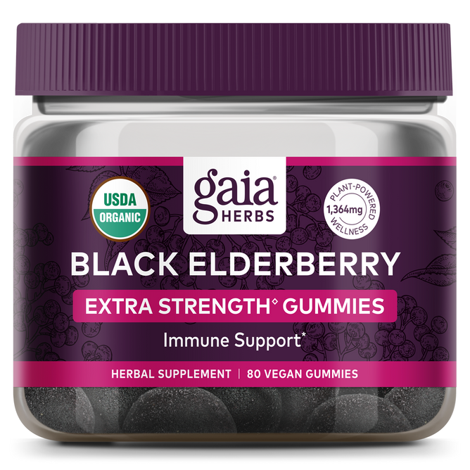 Gaia Herbs Black Elderberry Extra Strength Gummies, ideal for immune support, are USDA Organic and vegan certified. Each vibrant purple jar contains 80 tasty gummies with elderberries in the design, showcasing premium organic supplements.