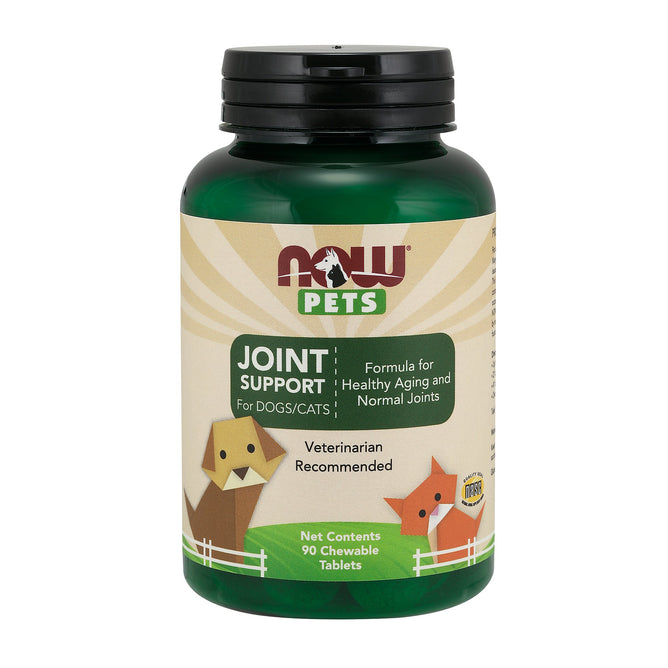 A green bottle labeled Joint Support Supplement for Dogs & Cats by Now, a vet-recommended product, promotes healthy aging and normal joints with glucosamine and MSM. It contains 90 chewable tablets featuring cartoon animals to charm your pets.