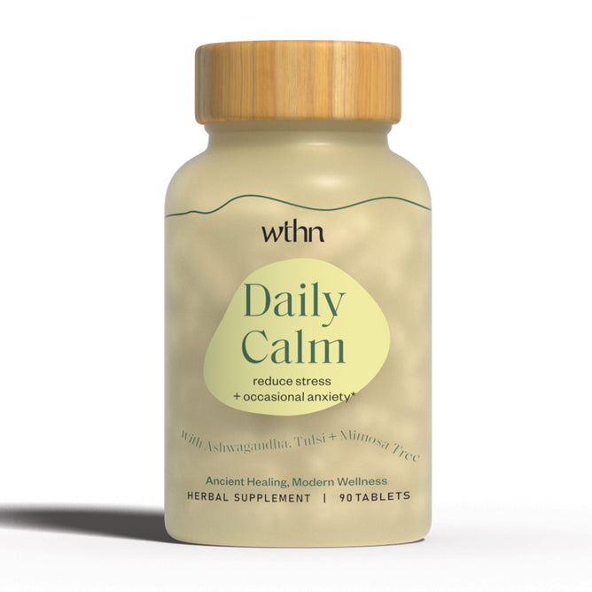 WTHNs Daily Calm, a beige bottle with a wooden cap, offers stress relief through 90 tablets of herbal supplements. Featuring adaptogenic herbs like Ashwagandha, Tulsi, and Mimosa Tree, it helps reduce stress and occasional anxiety while enhancing hormonal balance.