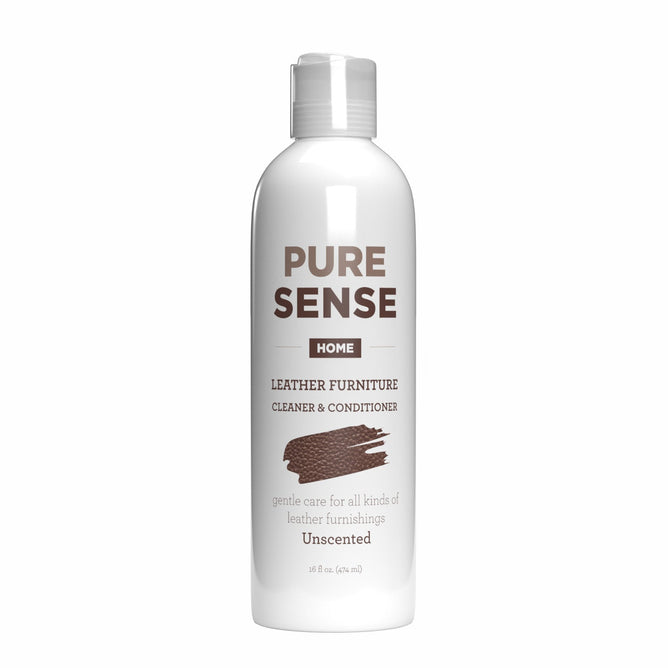 Pure Sense Leather Conditioner & Cleaner is a natural, gentle care solution for all leather furnishings. It comes in an unscented white bottle with a brown label.