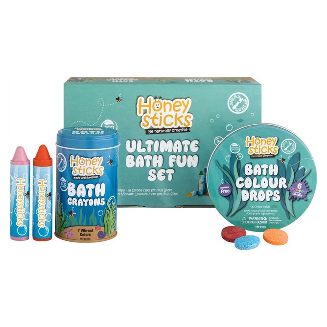 The Ultimate Bath Fun Set by Honeysticks includes pink, orange, and blue bath crayons, Bath Colour Drops tablets in a tin, and features playful aquatic graphics, making it the perfect colorful bath gift.