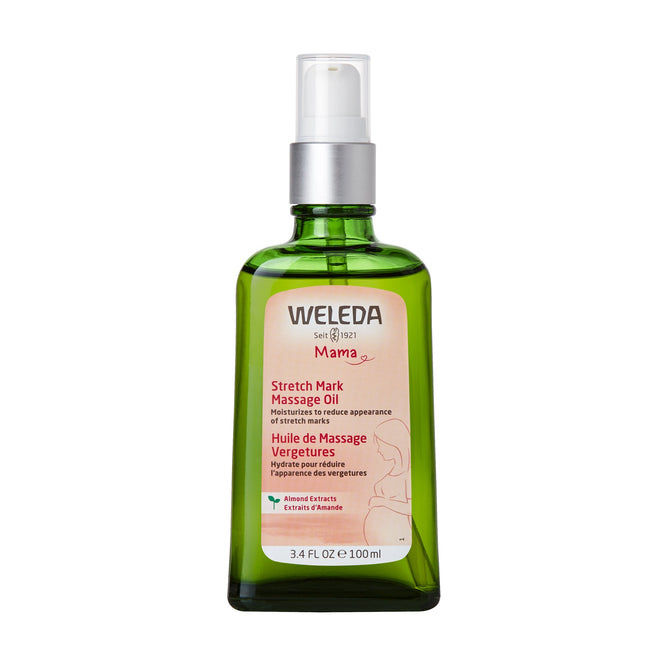 Weledas Stretch Mark Massage Oil in green packaging with a white pump offers almond extract benefits. This 3.4 fl oz (100 ml) oil moisturizes and effectively reduces stretch marks, making it an essential for pregnancy skincare.