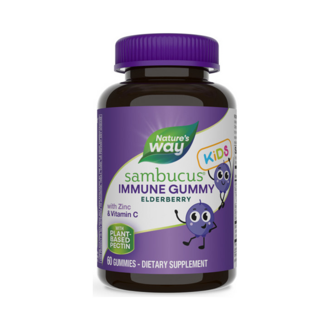 Natures Way presents Sambucus Kids Gummy for Immune Support, packed with black elderberry extract, Zinc, and Vitamin C. The bottle has a purple label with cartoon elderberries and contains 60 gummies.