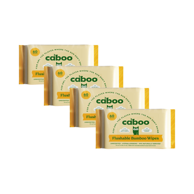 Four yellow packs of Grove Collaboratives Caboo flushable wipes are arranged in a descending pattern, each featuring 60 unscented, hypoallergenic wipes made with natural ingredients.