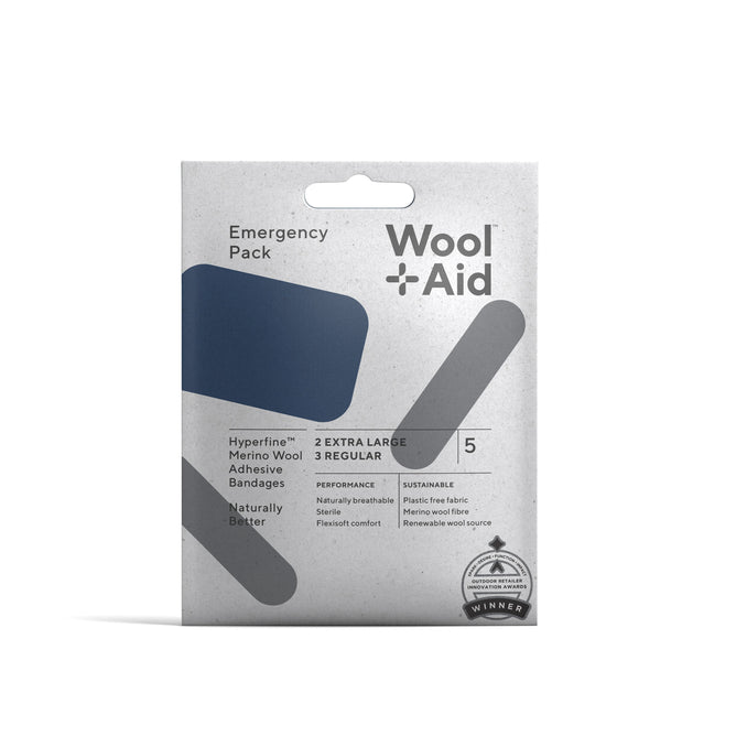 The WoolAid Adhesive Bandages Emergency Pack features a sleek gray design with Hyperfine Merino Wool Adhesive Bandages” branding, offering sustainable, plastic-free options focused on eco-friendly performance and advanced comfort.