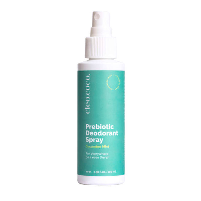 A 3.38 fl oz (100 ml) spray bottle of Cleo & Cocos Prebiotic Deodorant in Cucumber Mint, featuring a light green label with white text, offers a refreshing take on clean deodorant.