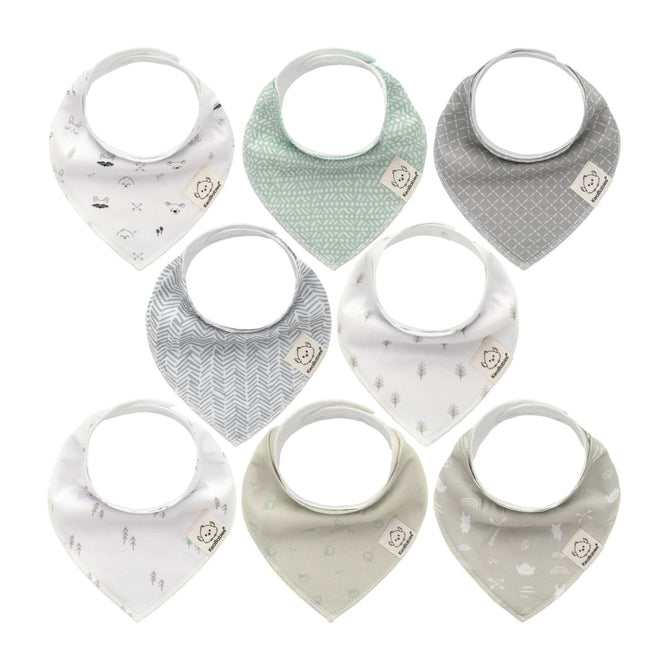 The KeaBabies set of 8 GOTS certified, 100% organic cotton bandana bibs is perfect for a baby registry gift. Available in pastel and neutral tones with geometric, animal, and floral designs, each bib features a round neck with button closure for easy wear.