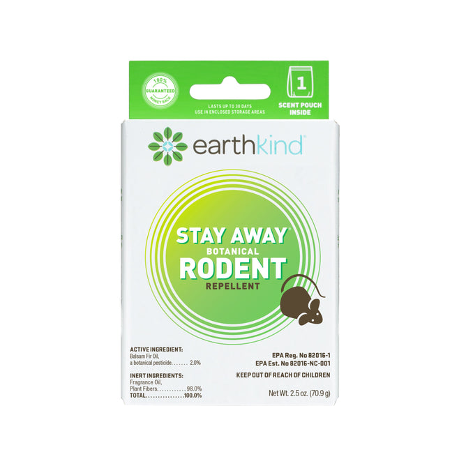 The white product box displays Stay Away® Rodent Repellent by Earthkind, featuring a green circle with a mouse image and text about natural pest control using balsam fir essential oils. Net weight: 2.5 oz (70.9 g).