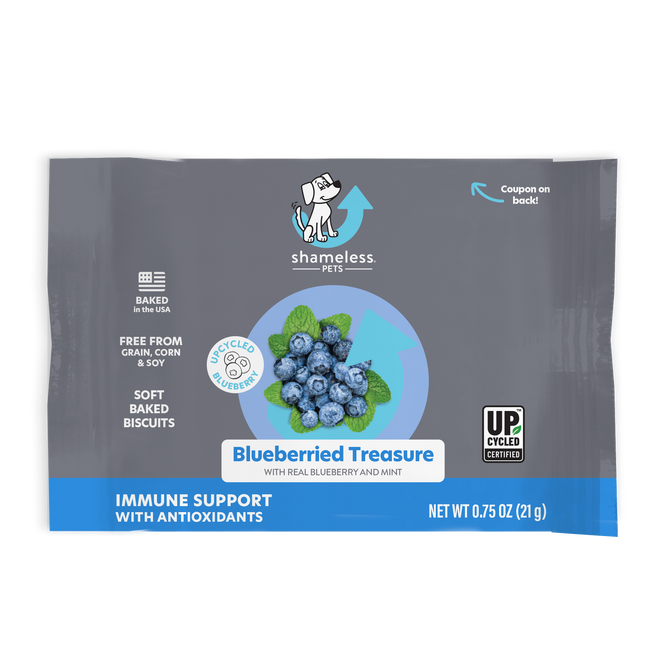 The Blueberried Treasure - Sample by Shameless Pets offers 0.75 oz of soft-baked dog treats made with upcycled ingredients such as real blueberries and mint. The grain-free, corn-free, soy-free treats are rich in immune-supporting antioxidants.