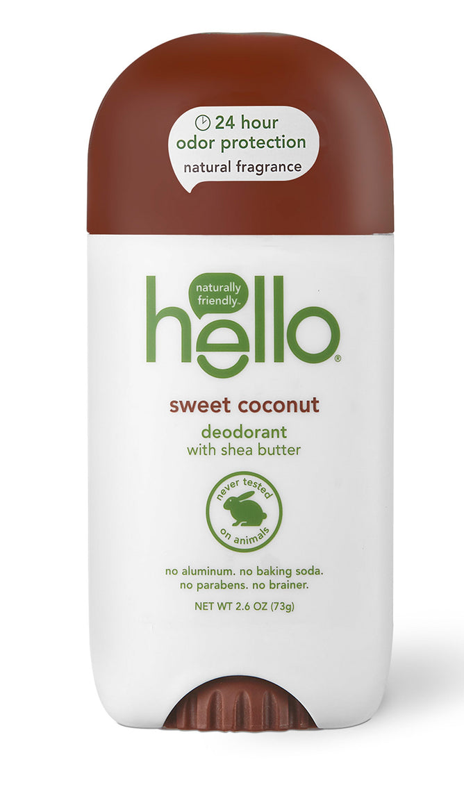 A white deodorant stick with a brown cap labeled hello Coconut Deodorant with Shea Butter provides natural deodorizing and 24-hour protection. Its vegan, cruelty-free, aluminum-free, baking soda-free, and paraben-free. Net weight: 2.6 oz (73g).