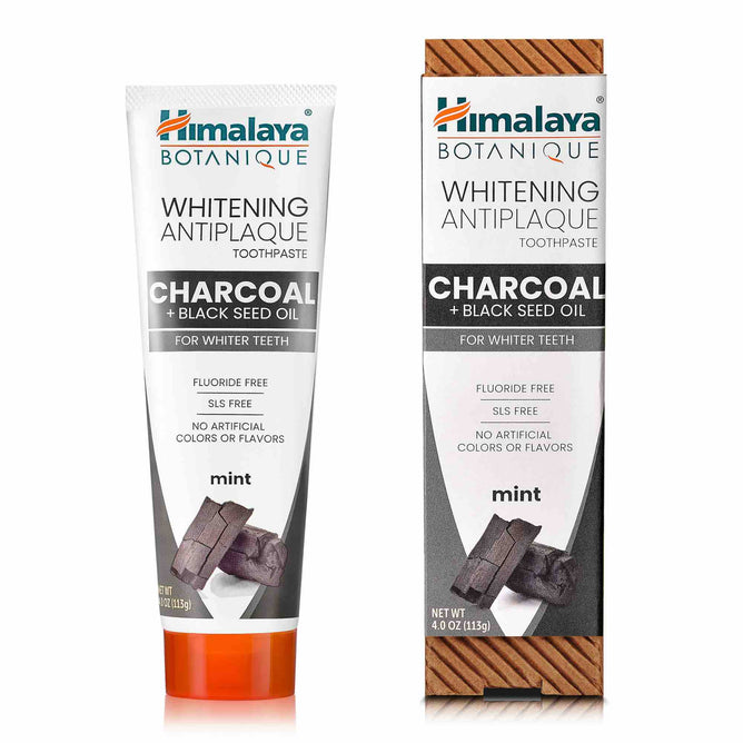 Two Himalaya toothpaste products are shown: a tube and box of Whitening Antiplaque Charcoal + Black Seed Oil Toothpaste. The Mint flavor packaging emphasizes it is fluoride and SLS-free, with no artificial colors or flavors.