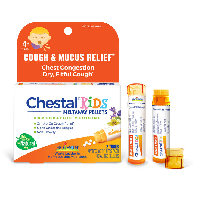 Image of Boiron Chestal Kids Pellets packaging: The orange box is labeled for cough and mucus relief for ages 4 and up. It contains two tubes with approximately 80 homeopathic Mucus Meltaway Pellets each, providing cough relief for chest congestion.