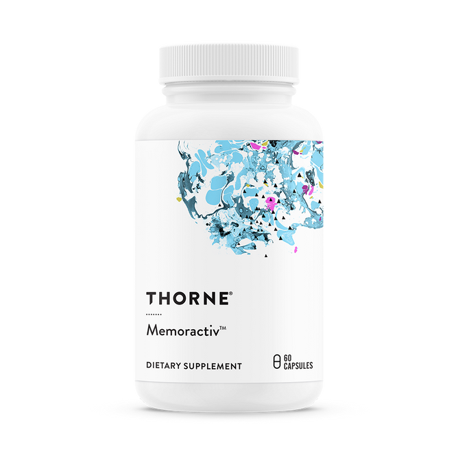 The image shows a Thorne Memoractiv™ dietary supplement bottle, which supports cognitive function. It has an abstract blue and pink design label with the product name in black text and contains 60 capsules for mental focus.