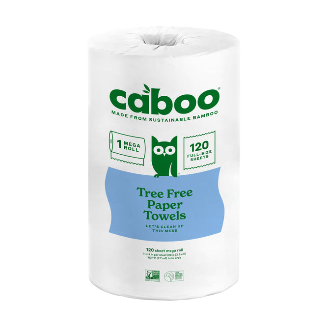 The Caboo Paper Towel Mega Roll offers 120 absorbent, tree-free sheets made from sustainable bamboo. Its packaging is white with a light blue label featuring an owl graphic and highlights 1 Mega Roll.