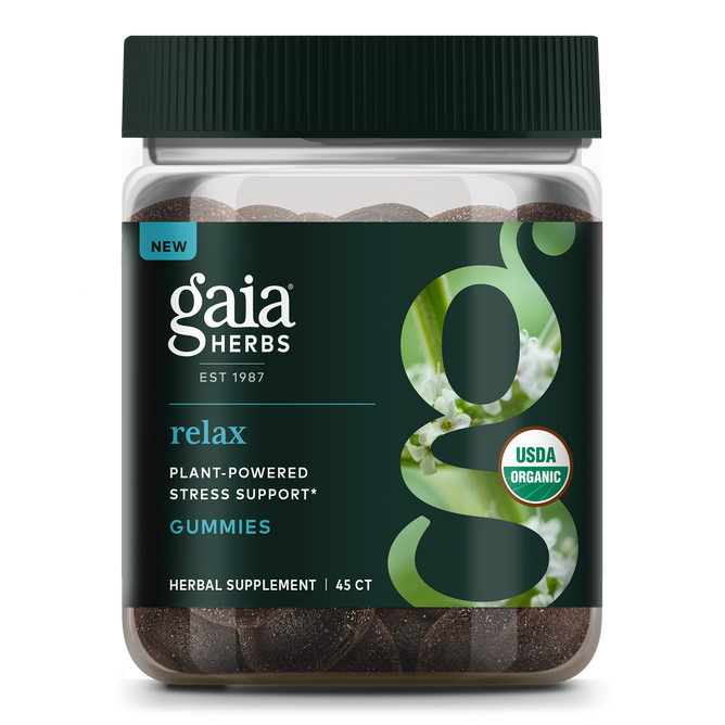A jar of Gaia Herbs Relax Gummies offers plant-powered stress support with Lemon Balm, featuring a dark green label bearing a large g and flower photo. It is USDA organic and includes 45 gummies.