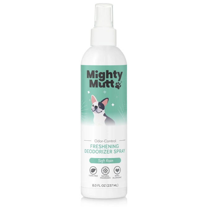 The Mighty Mutt Freshening Deodorizer Spray, Soft Rain scent, in an 8.0 fl oz bottle features a cartoon dog with green accents and is made with natural, toxin-free, hypoallergenic ingredients.