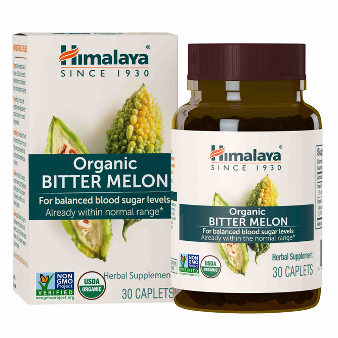 Himalaya Organic Bitter Melon features 30 caplets designed to support balanced blood sugar and glucose metabolism, showcased with sliced bitter melon imagery. The product is USDA Organic and Non-GMO Project Verified, aligning with Ayurvedic science principles.