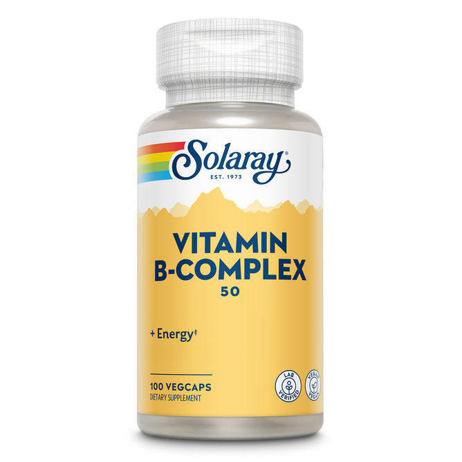 A bottle of Solaray Vitamin B Complex Veg Capsule with 100 vegetarian capsules features a yellow label with blue text, highlighting the Solaray logo and emphasizing energy support, quality assurance, and benefits for vitality and immune function.