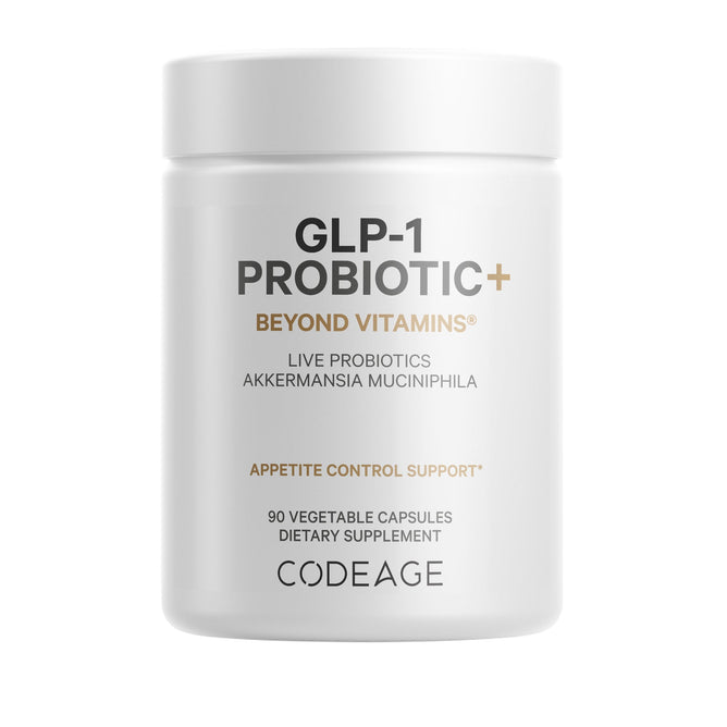 Codeage GLP-1 Probiotic+ comes in a white bottle with the tagline Beyond Vitamins. It contains live probiotics, chicory inulin, and Akkermansia muciniphila to aid appetite control, offering 90 vegetable capsules for your wellness routine.