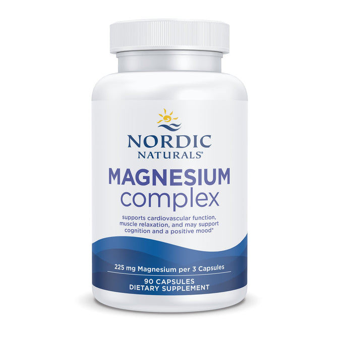 The Nordic Naturals Magnesium Complex comes in a white bottle with a blue label, offering 90 capsules. It supports cardiovascular function, cellular health, muscle relaxation, cognition, and mood.