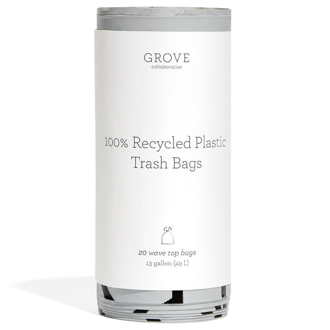 Featured are Grove Co.s 100% Recycled Plastic Trash Bags, Drawstring, in a 13-gallon size. Packaging is minimalist with black text on white. Each pack includes 20 bags, ideal for eco-conscious households.