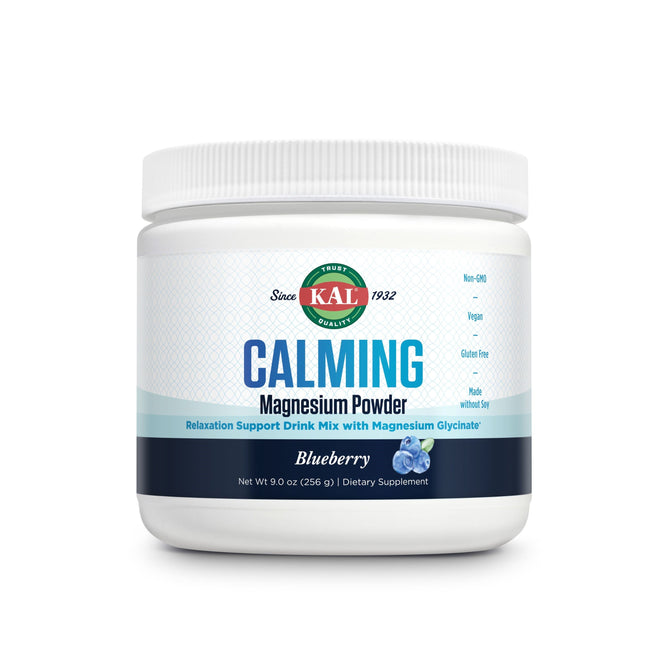 KAL Calming Magnesium Powder: A 9.0 oz (256g) tub with Calming in large blue text above Magnesium Powder. Offers a blueberry flavor, supports relaxation, and features non-GMO, vegan, gluten-free, soy-free magnesium glycinate for better absorption.