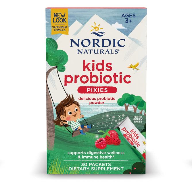 The image features a box of Nordic Naturals Nordic Flora Kids Probiotic Pixies, tailored for ages 3+, offering 30 berry-flavored probiotic powder packets. Featuring a cartoon child on a swing with strawberries, it aids immune and digestive health.