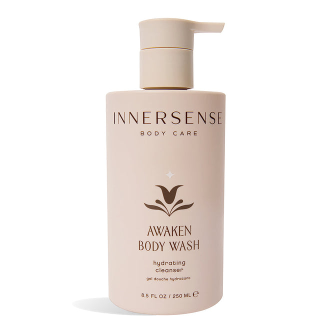 Innersense Organic Beautys Awaken Body Wash comes in a cream-colored bottle with a pump and plant logo. The 8.5 fl oz / 250 ml hydrating cleanser is infused with natural oils for gentle, thorough clean.