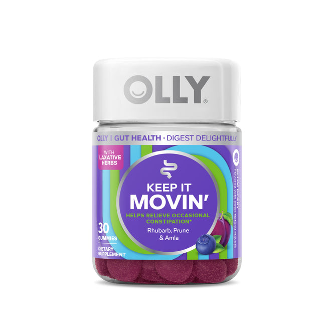 A 30-piece jar of OLLYs Keep It Movin gummies supports digestive health and relieves occasional constipation, featuring a bowel-moving blend of rhubarb, prune, and amla. The packaging is purple and white with vibrant fruit images.