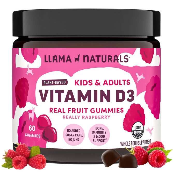 A container of Llama Naturals Real Fruit Vitamin D3 Gummies for kids and adults, featuring a pink label with raspberries and gummies. USDA Organic, supports bone health, immunity, and mood with no added sugar. Contains 60 delicious plant-based gummies.