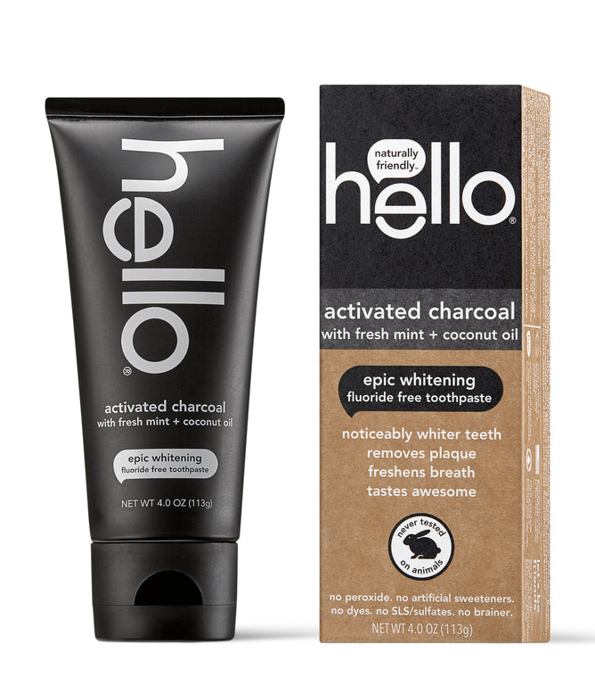 The hello Activated Charcoal Epic Whitening Fluoride Free Toothpaste, featuring a black tube and box design, combines fresh mint and coconut oil. This 4.0 oz toothpaste whitens teeth and freshens breath effectively.