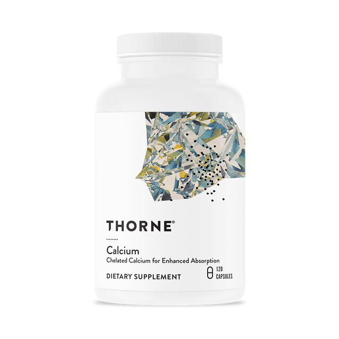 Thorne Calcium supplement, in a white bottle adorned with multicolored geometric artwork, contains 120 capsules designed for enhanced absorption, perfect for peri- and postmenopausal women to support bone health.