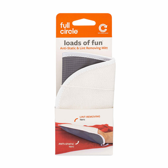 Full Circles Anti-Static & Lint Removing Mitt package features a mostly white design with orange accents, showcasing a photo of the mitt. It highlights its effective anti-static and lint-removing fabrics, making it ideal for removing pet hair.
