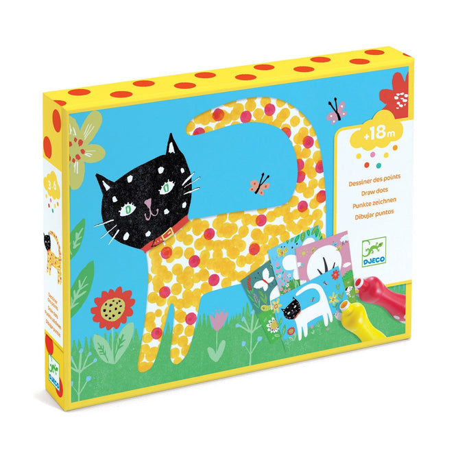 The DJECO Sensory Exploration Dot Coloring Starter Kit with FSC® Certified Paper features a delightful dotted cat on a floral blue background. It includes creative toys and dot painting supplies to boost motor skills, with images and a label showing its suitable for ages 18 months and up.
