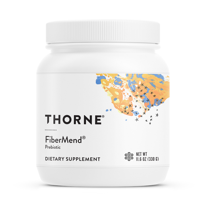 Thornes FiberMend comes in a white container featuring a colorful abstract label. The 11.6 oz (330 g) dietary supplement enhances gut health with prebiotic fiber for optimal digestion.