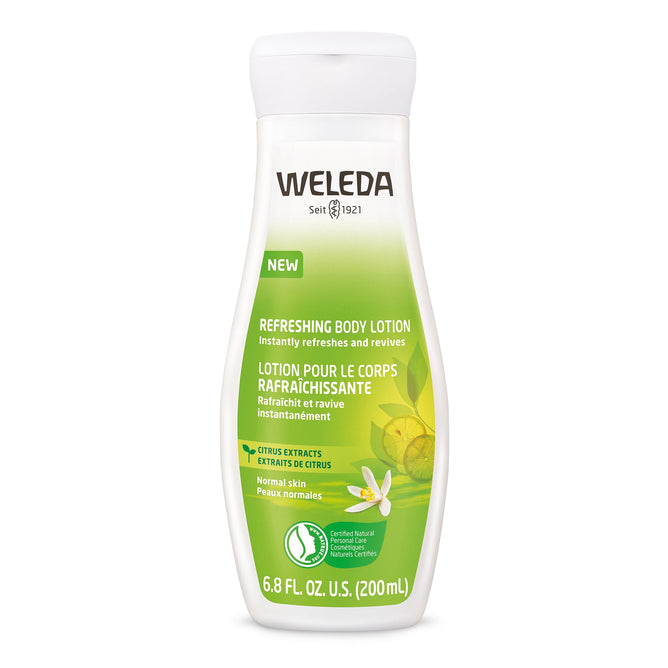 Weledas Citrus Refreshing Body Lotion, in a predominantly white and green 6.8 fl oz (200 ml) bottle with lemon-flower graphics, is infused with citrus extracts and hydrating coconut oil, designed for normal skin.