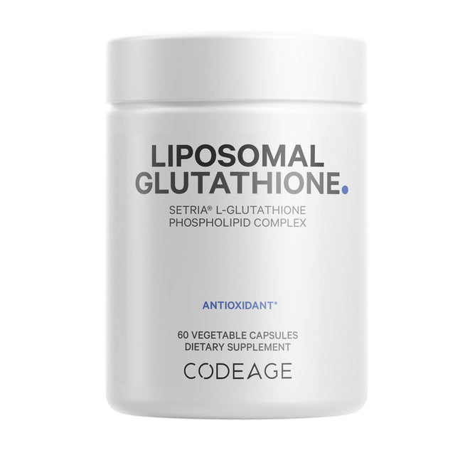 The Codeage Liposomal Glutathione dietary supplement comes in a white container with 60 veggie capsules featuring the Setria® L-Glutathione Phospholipid Complex known for its antioxidant properties.