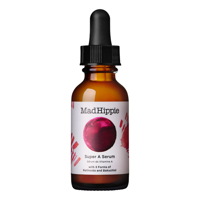 The brown glass dropper bottle of Mad Hippies Super A Serum, featuring a sleek black cap and a red circular brushstroke design, promises to reduce wrinkles with its potent Vitamin A formula for youthful skin.