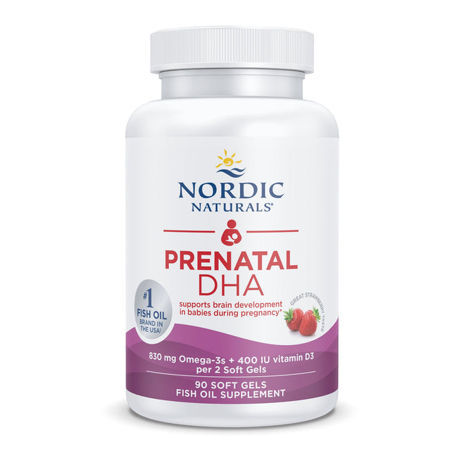 Nordic Naturals Prenatal DHA, with 90 soft gels, supports a healthy pregnancy by offering 830 mg of omega-3s and fish oil for babys brain development, along with 400 IU vitamin D3.