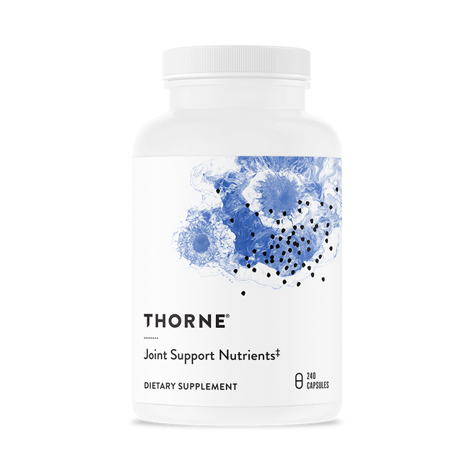 A white bottle of Thornes Joint Support Nutrients, featuring decorative blue floral graphics and black dots, contains 240 capsules of MSM and glucosamine dietary supplement.