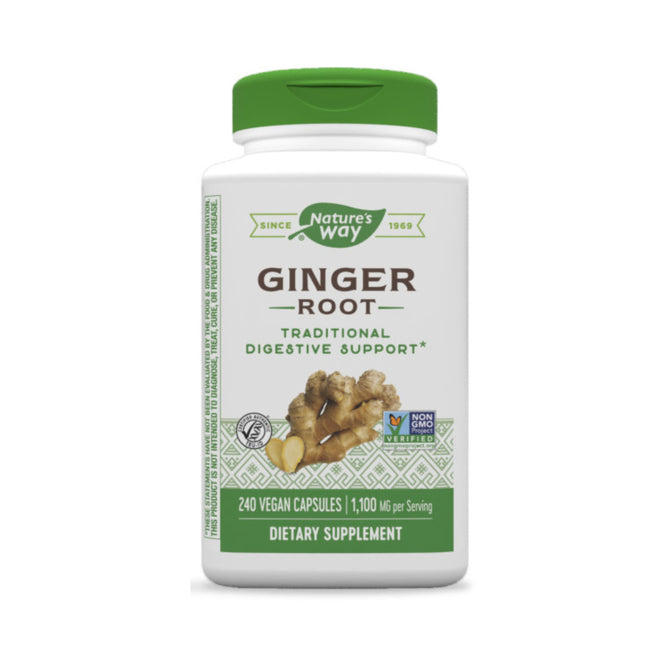 Natures Way Ginger Root, a non-GMO-certified dietary supplement with a green cap, offers traditional digestive support. Each bottle contains 240 vegan, gluten-free capsules delivering 1,100 mg per serving—a smart choice for mindful wellness.