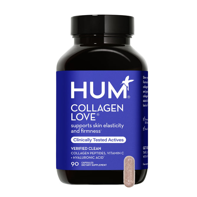 A black bottle with a blue label reads HUM Nutrition Collagen Love. It promises to reduce fine lines and support skin elasticity with clinically tested actives. The product contains 90 capsules of collagen peptides, vitamin C, and hyaluronic acid, with one capsule shown beside the bottle.