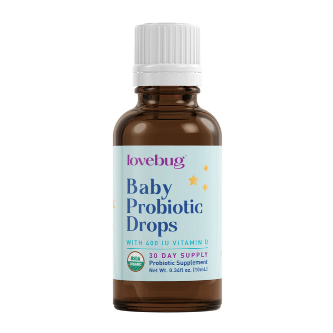 Lovebug Baby Probiotic Drops - Organic in a small bottle with yellow stars and white cap offers 400 IU Vitamin D for digestive health and immune support. USDA organic, it provides a 30-day supply with a net weight of 0.34 fl oz (10 ml).